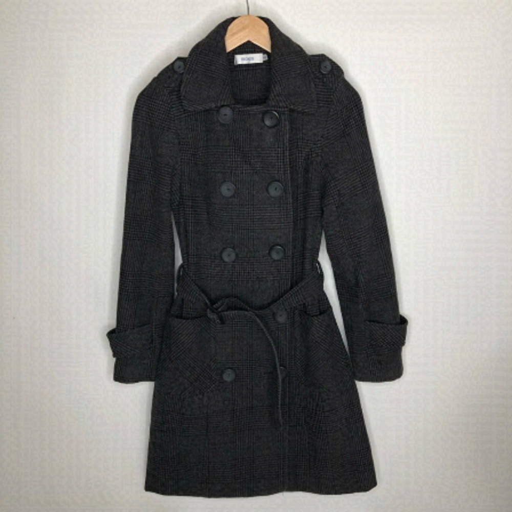 𝅺RICKI’S Grey Plaid Military Style Belted Wool Blend Thick Peacoat Trench Coat